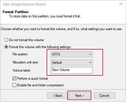 Set the File System widget as NTFS and rename the drive